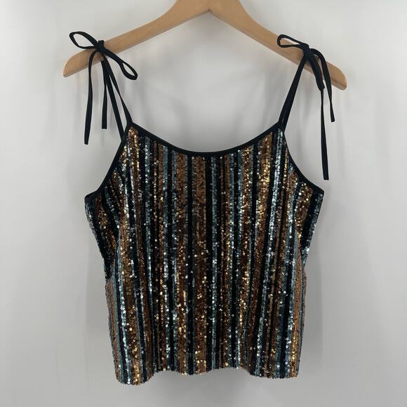 SAY WHAT? Sequin Tank Size Medium Stripe Button Back Tie Straps Open Back Party - Picture 14 of 14